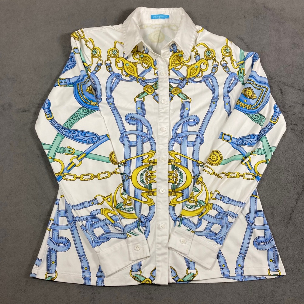 J.McLaughlin Womens XS Equestrian Belt Chain Print Button Down Shirt White Blue